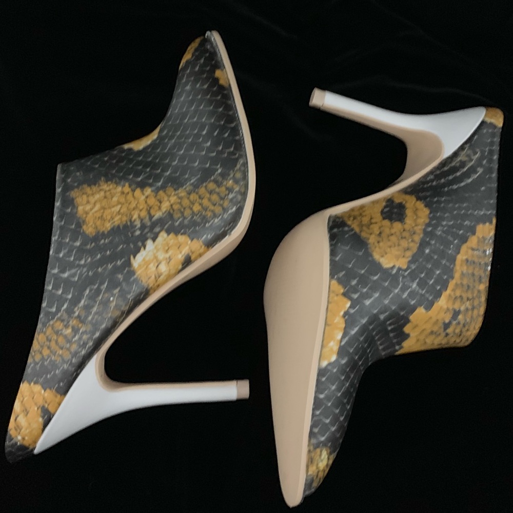 One of a kind HYDROGRAPHIC snake skin heeled mules